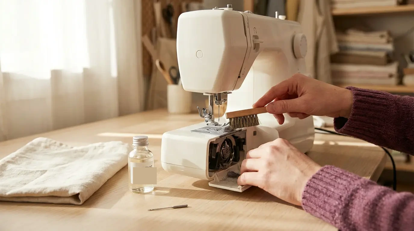 Nettoyer une machine à coudre au pinceau avec un flacon d huile — guide d entretien