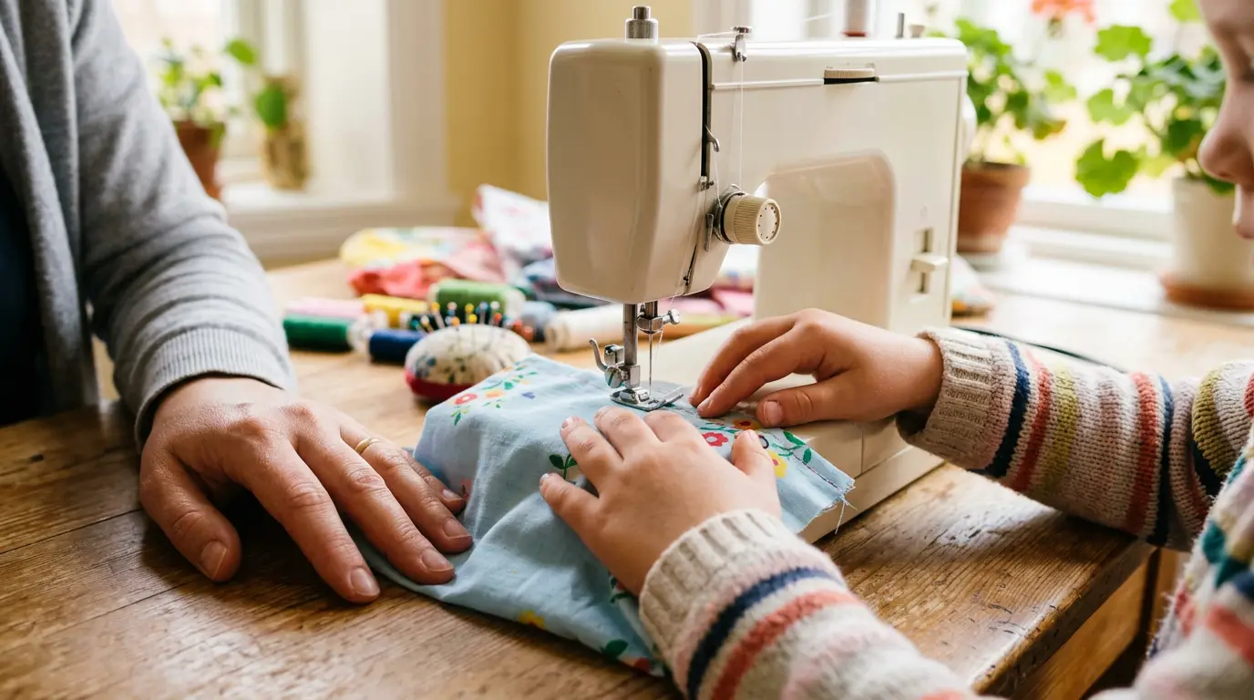 Mains d'un enfant guidant du tissu sous une machine à coudre simple, une main d'adulte à côté