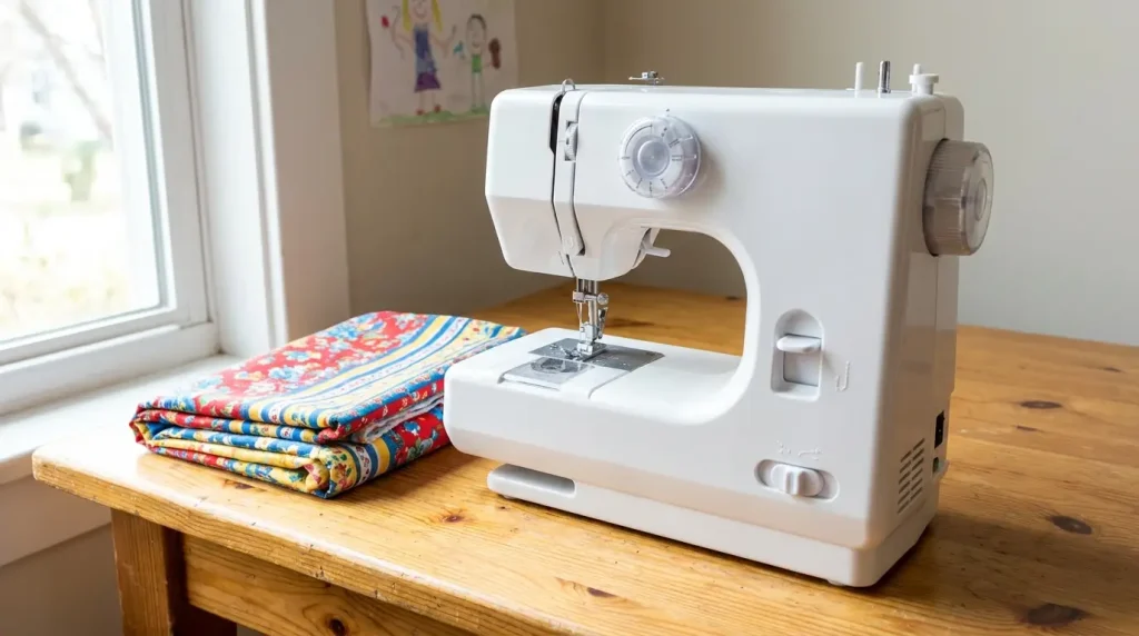 Petite machine à coudre simple et blanche sur une table, à côté d'un tissu coloré plié