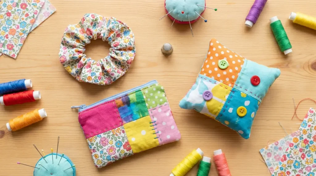 Petits projets de couture d'enfant : chouchou, trousse zippée et coussin en coton coloré