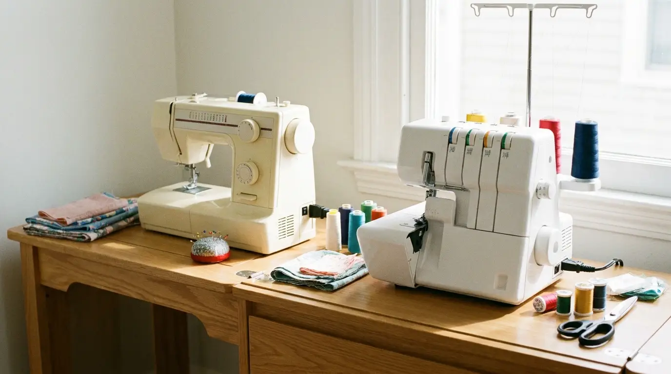 Une machine à coudre et une surjeteuse côte à côte sur une table de couture