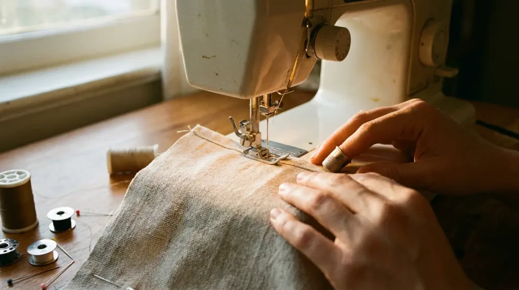 Machine à coudre piquant une couture de vêtement sur du coton, mains guidant le tissu