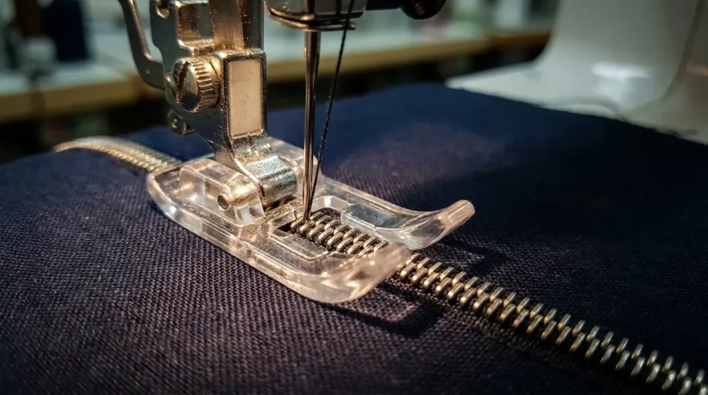 Gros plan du pied pour fermeture invisible : la spirale est logée dans la rainure, l'aiguille pique dans le sillon