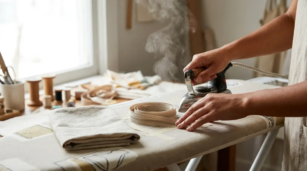 Aplatir au fer la spirale d'une fermeture éclair invisible sur une planche à repasser