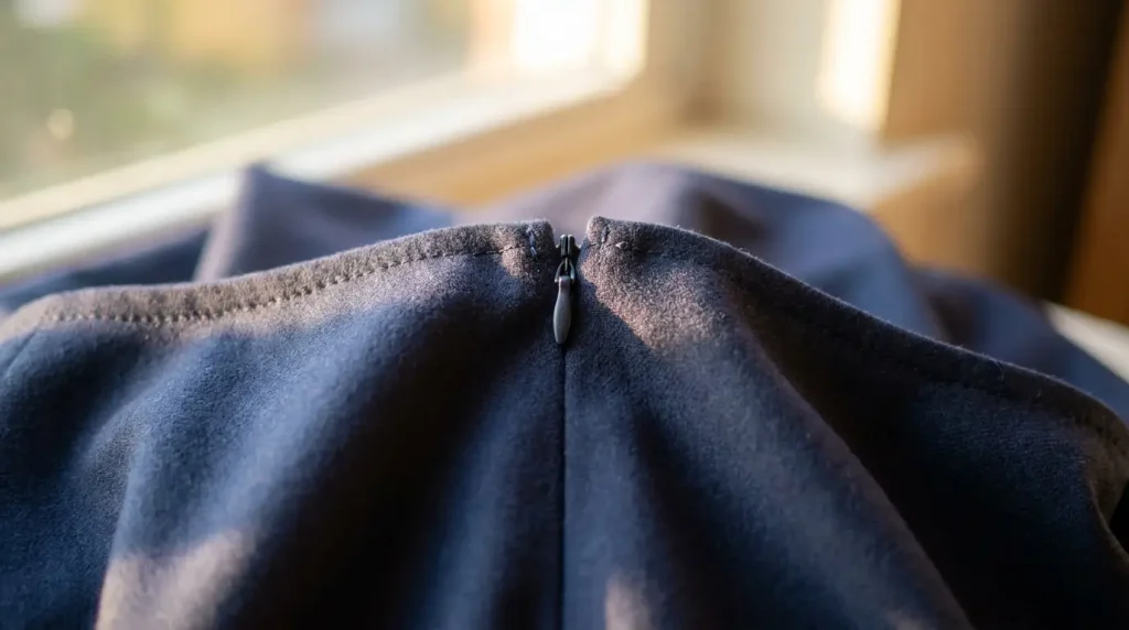 Couture latérale d'une jupe bleu marine où la fermeture invisible fermée est presque indétectable