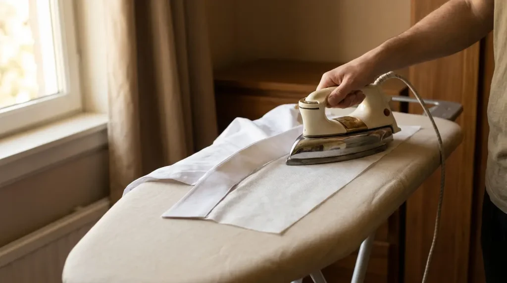 Fer à repasser pressant de l'entoilage thermocollant sur une pièce de col de chemise blanche sur une table à repasser