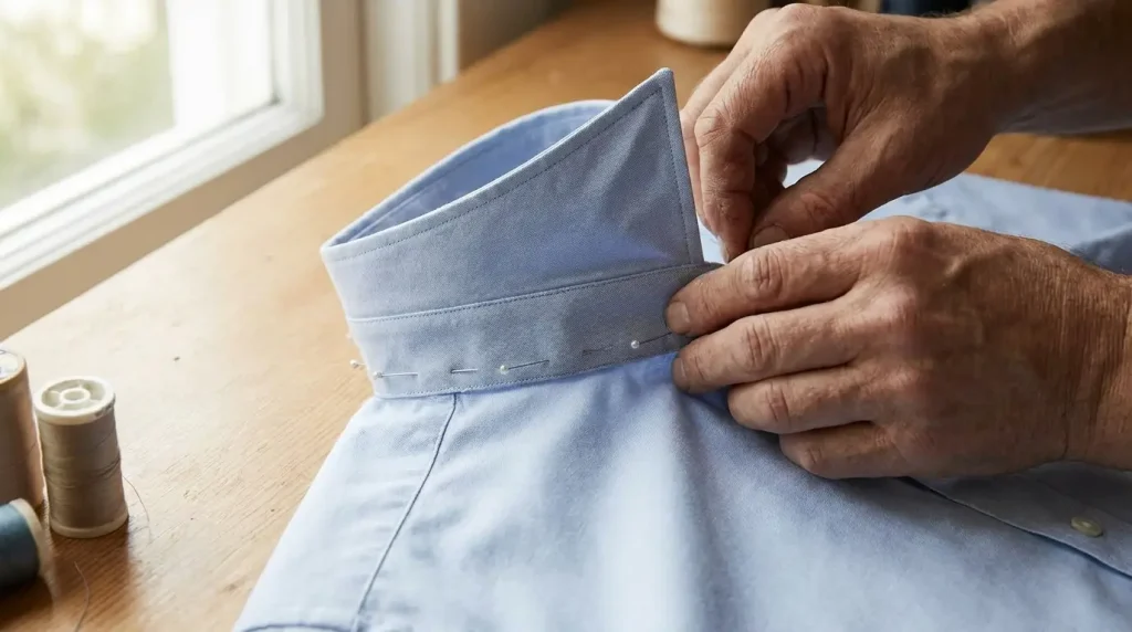 Mains épinglant le pied de col fini sur l'encolure d'une chemise en coton bleu clair, la couture courbe visible