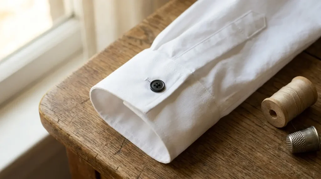 Poignet de chemise blanche fini, boutonné, avec sa patte de manche et sa boutonnière, posé sur une table en bois