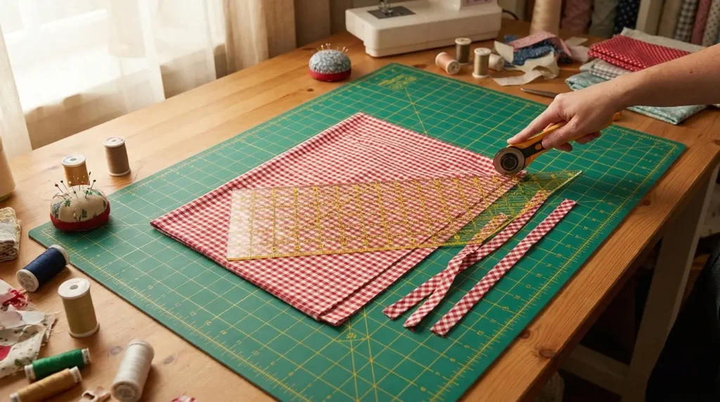 Coupe de bandes de biais en diagonale dans un tissu à carreaux avec un cutter rotatif et une règle sur un tapis de découpe