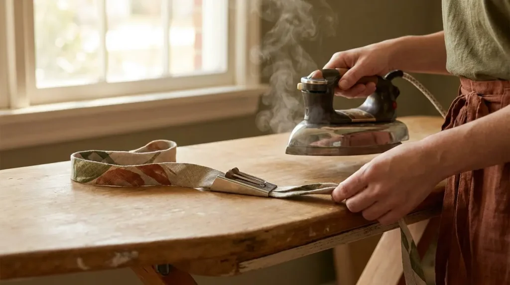 Bande de tissu passant dans un appareil à biais métallique, repassée au fer à mesure sur une table
