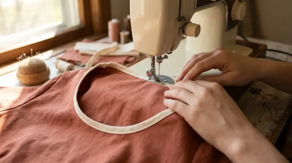 Pose d'un biais écru autour de l'encolure arrondie d'un vêtement en lin terracotta sur une machine à coudre
