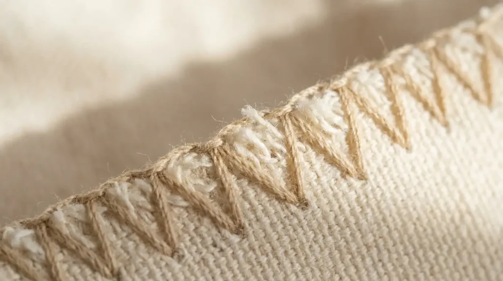 Gros plan d'un bord de tissu surfilé au point zigzag beige, les fils rabattus vers l'intérieur