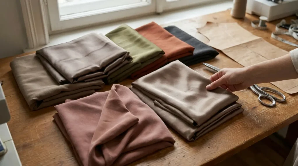 Plusieurs coupons de doublure pliés dans des tons sourds posés sur une table de couture à côté de ciseaux