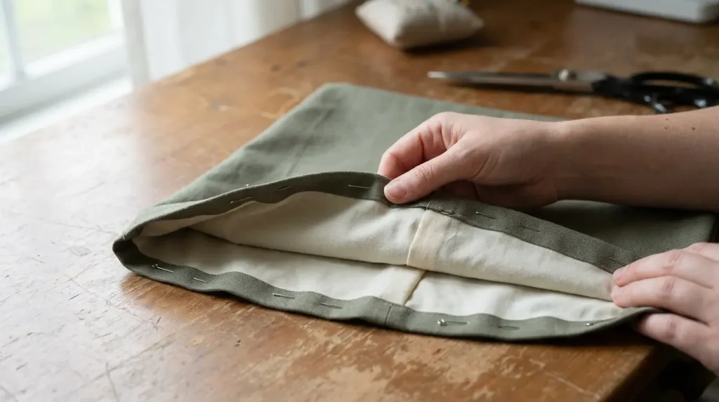Mains épinglant le tissu extérieur et la doublure endroit contre endroit le long d'un bord