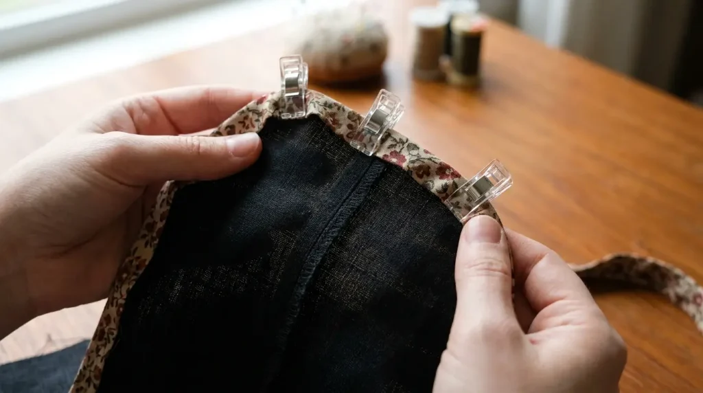 Bord d'une marge enveloppé d'un biais fleuri maintenu par des pinces de couture avant la piqûre