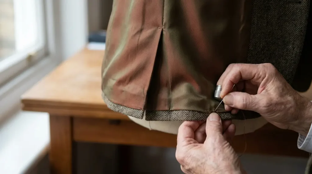 Bas d'une veste en tweed dont la doublure flotte librement au-dessus de l'ourlet, avec un pli d'aisance vertical, fixée à la main