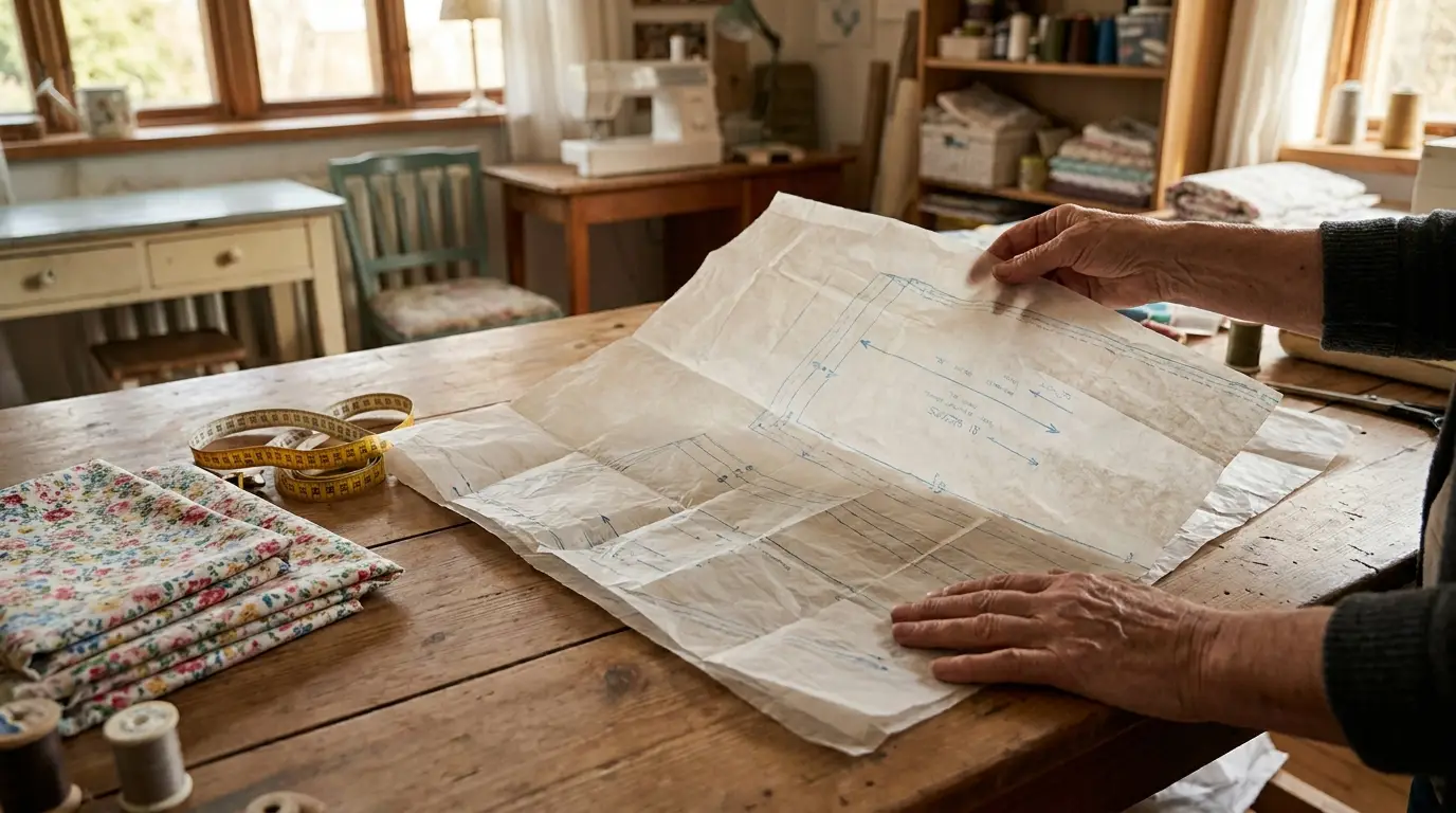 Mains dépliant une grande feuille de patron de couture en papier de soie sur une table en bois, mètre-ruban et tissu à fleurs à côté