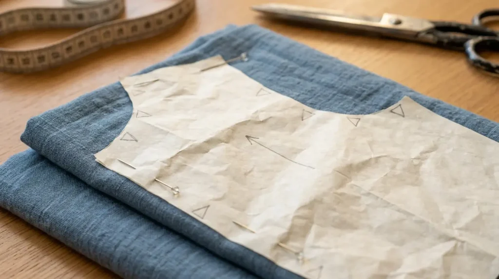 Pièce de patron épinglée sur un tissu bleu, avec des crans triangulaires sur le contour et une flèche de droit-fil au centre