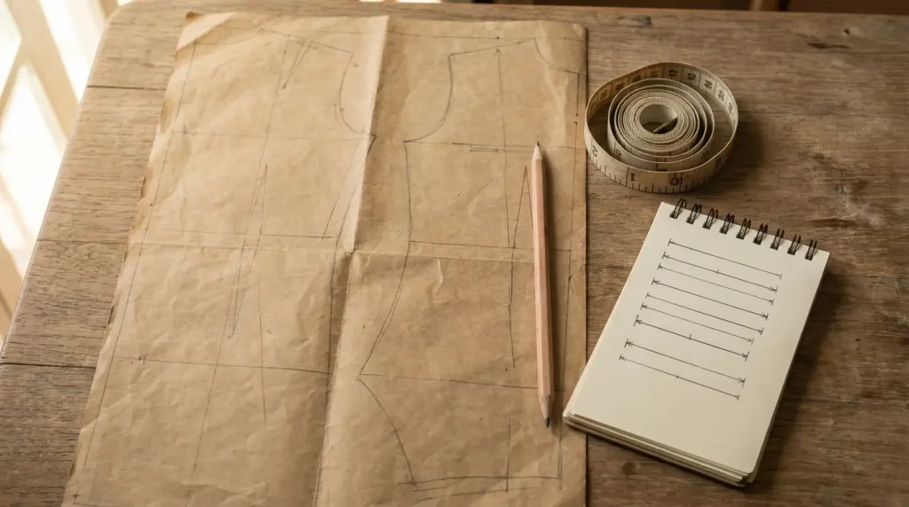 Patron papier avec pièces de buste, mètre ruban enroulé, crayon et carnet de mesures sur une table en bois
