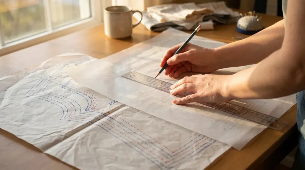 Mains décalquant à la règle et au crayon une taille d'un patron aux lignes emboîtées sur du papier de report