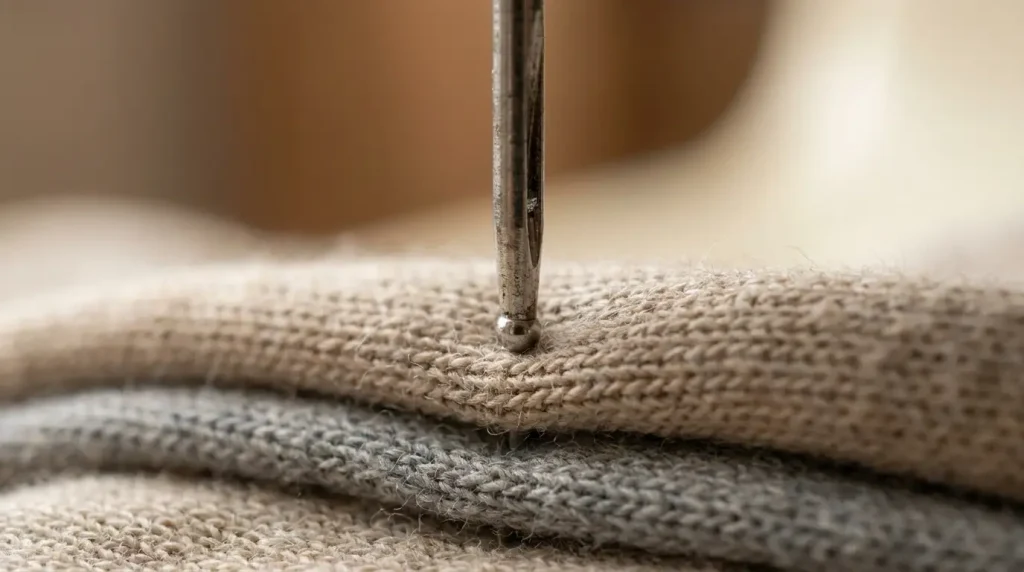 Gros plan d'une aiguille jersey à pointe arrondie entrant dans les mailles d'un tricot