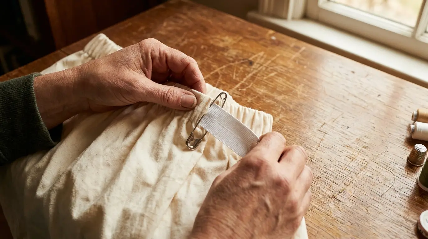 Mains guidant un large élastique dans la coulisse d'une jupe en coton écru à l'aide d'une épingle à nourrice
