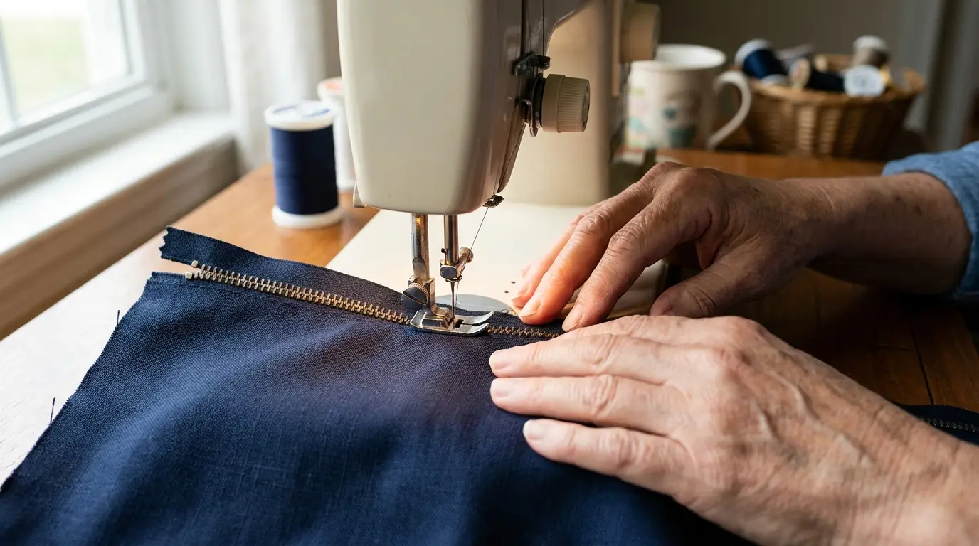 Mains cousant une fermeture éclair classique dans la couture d'un tissu bleu marine à la machine
