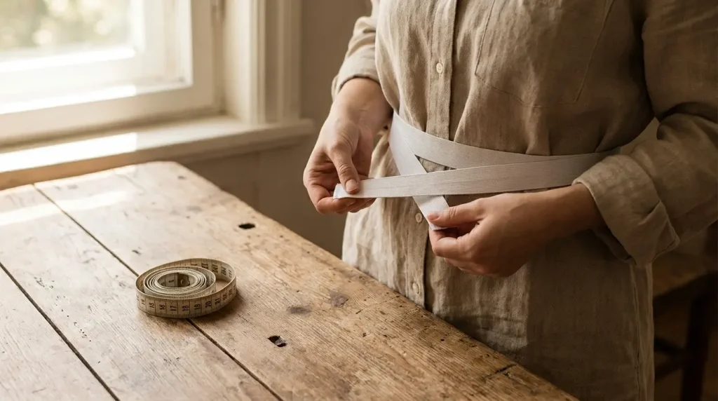 Élastique plat passé autour de la taille pour tester la tension, mètre ruban souple posé sur la table