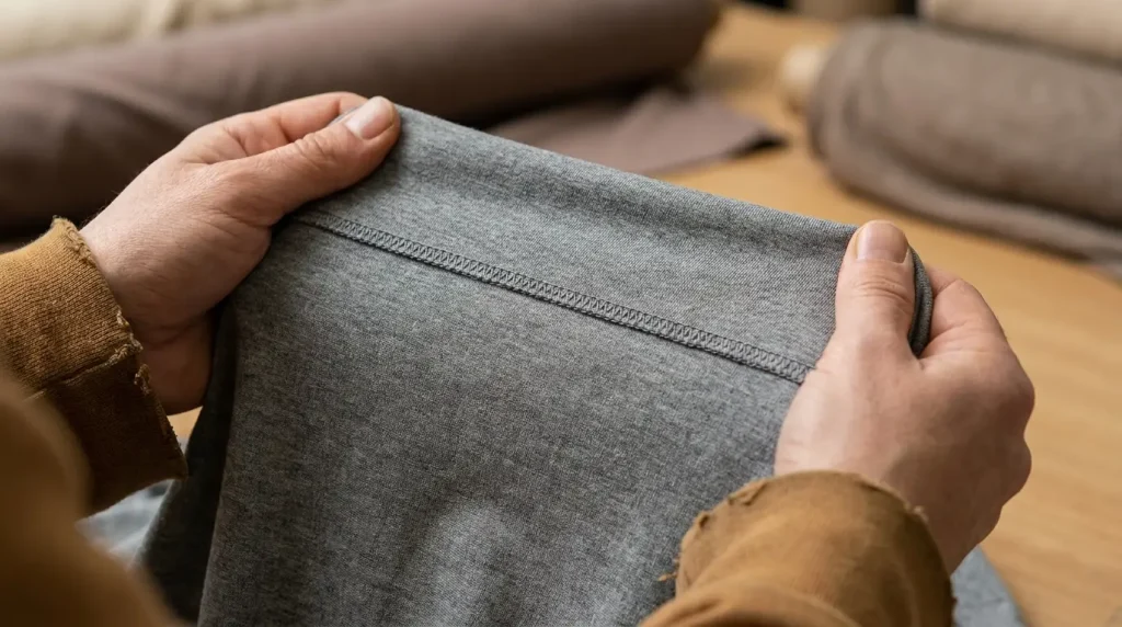 Couture zigzag sur jersey gris étirée entre deux mains pour vérifier qu'elle ne casse pas