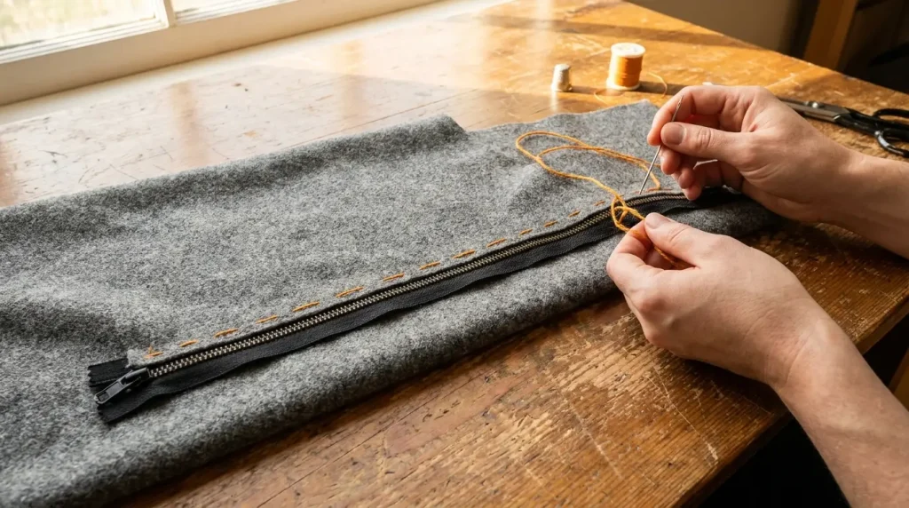 Mains bâtissant une fermeture séparable au fil contrasté sur un tissu de laine grise