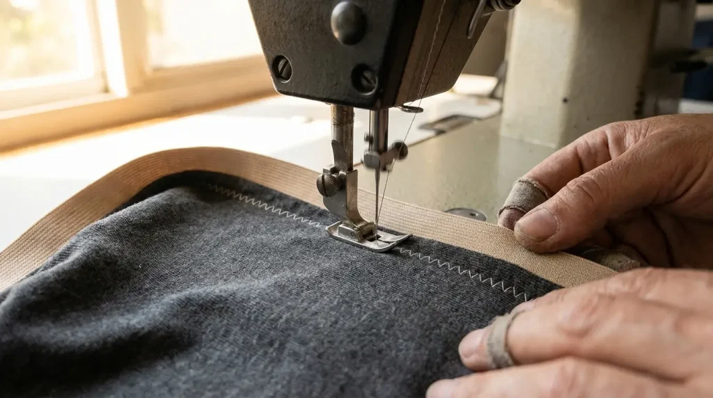 Machine à coudre surpiquant un élastique sur une ceinture en jersey gris au point zigzag