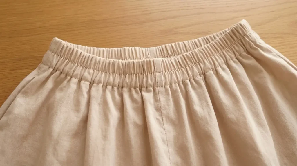 Taille élastiquée finie d'une jupe en coton clair aux fronces réparties régulièrement