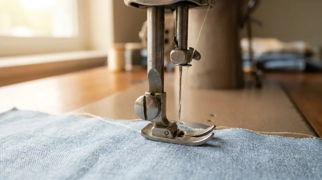 Gros plan d'un pied-de-biche métallique monté sur une machine à coudre, aiguille abaissée sur un tissu clair