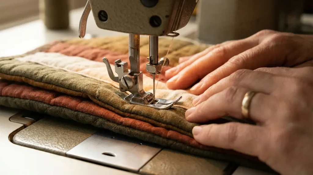 Pied double entraînement cousant plusieurs épaisseurs de tissu matelassé, mains guidant l'ouvrage