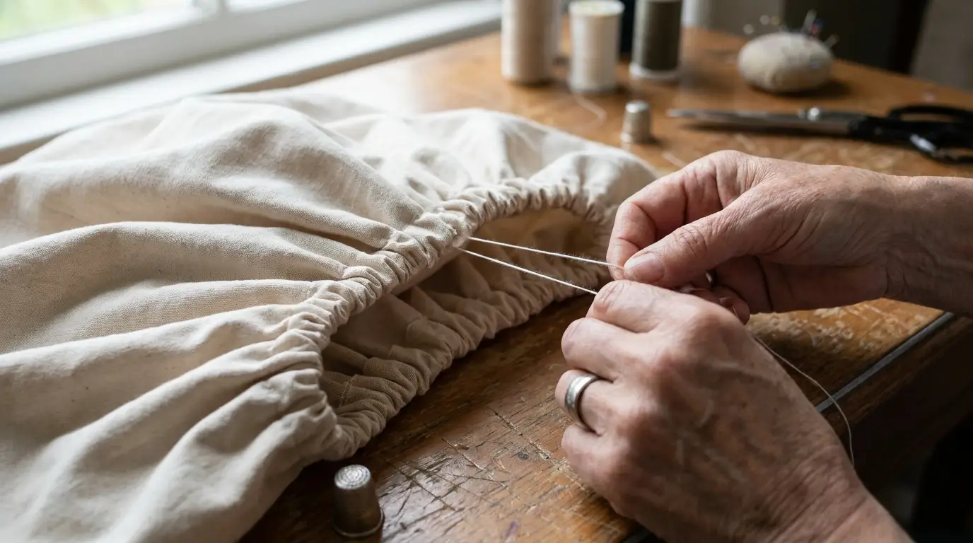 Mains tirant deux fils pour froncer une longueur de tissu de coton beige sur une table en bois