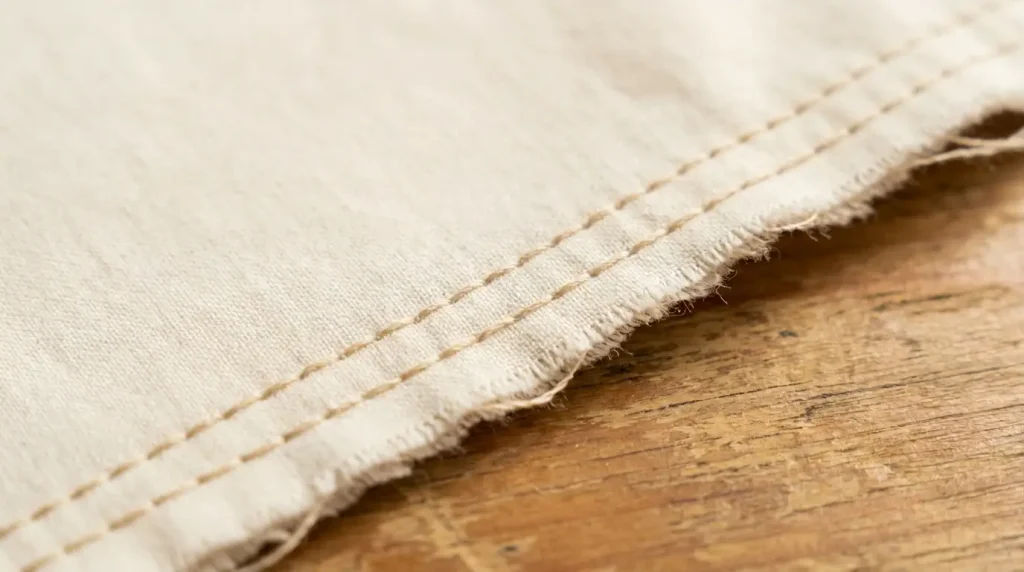 Rang de points longs cousu près du bord d'un tissu de coton écru, avant fronçage
