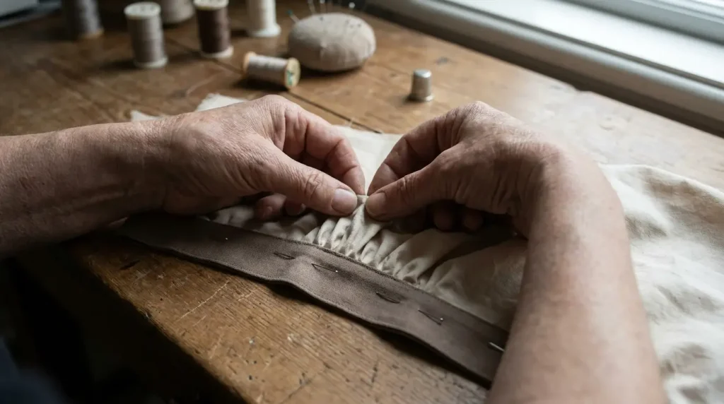 Mains répartissant régulièrement les fronces d'un tissu épinglé sur une bande plate