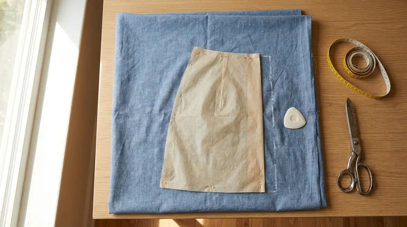 Patron papier d'une jupe épinglé sur un coupon de chambray bleu, mètre ruban et ciseaux de couture sur une table en bois