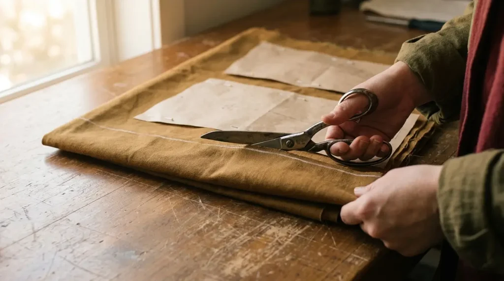 Mains coupant un tissu aux ciseaux le long d'un tracé à la craie, patron papier posé sur le coupon