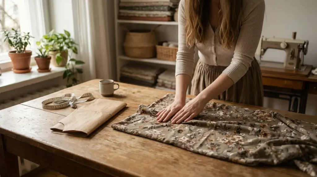 Mains lissant un tissu fluide à plat sur une table, à côté d'un patron papier plié et d'un mètre ruban