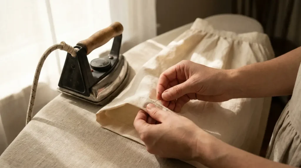 Mains épinglant un ourlet replié deux fois au bas d'une jupe claire, fer à repasser posé à côté