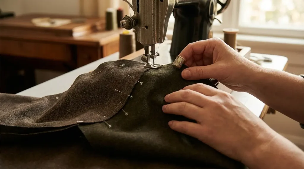Couture d'un bord courbe épinglé endroit contre endroit sous l'aiguille d'une machine à coudre