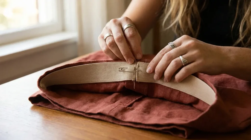 Mains enfilant un large élastique plat dans la coulisse d'un pantalon terracotta à l'aide d'une épingle de nourrice
