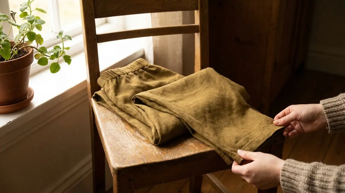 Pantalon à taille élastiquée en lin kaki plié sur une chaise en bois, près d'une fenêtre