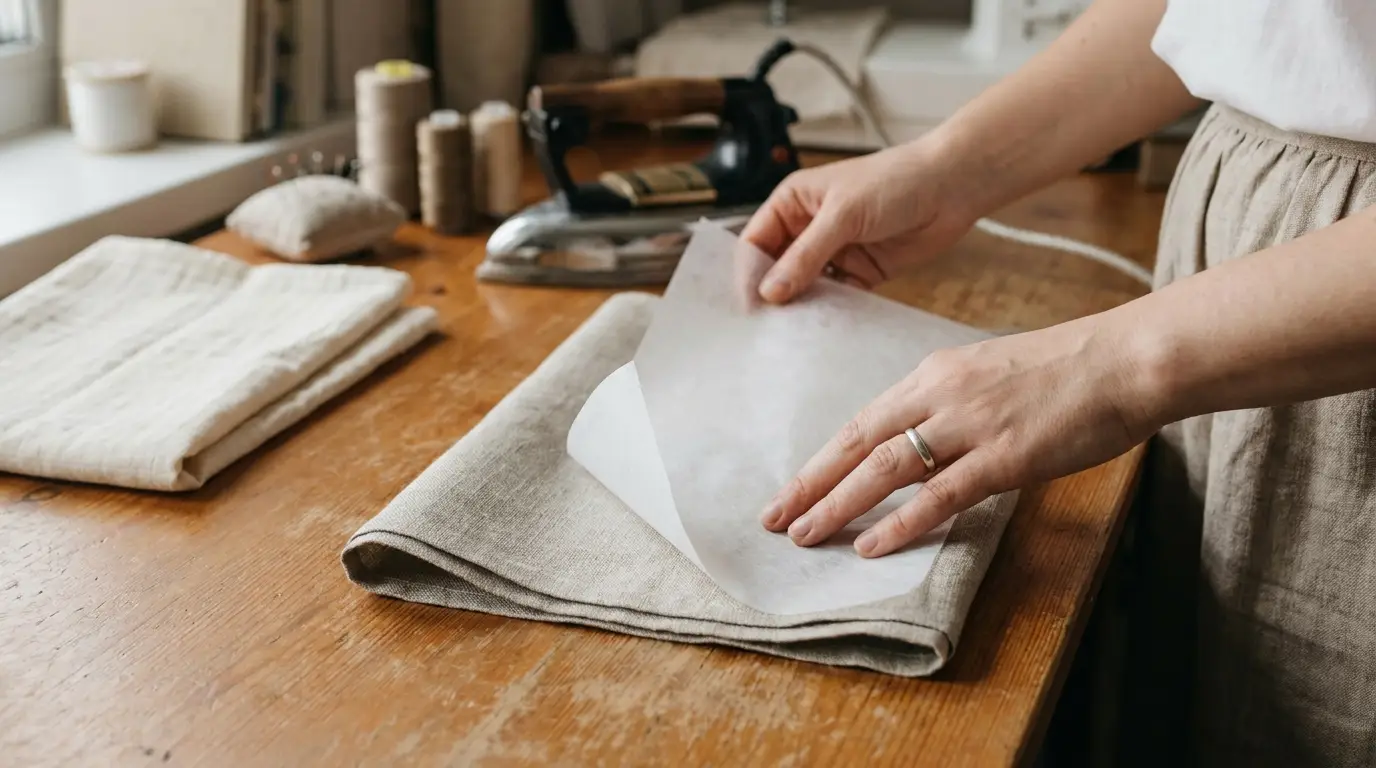 Mains posant une feuille d'entoilage thermocollant blanc sur l'envers d'un tissu de lin plié