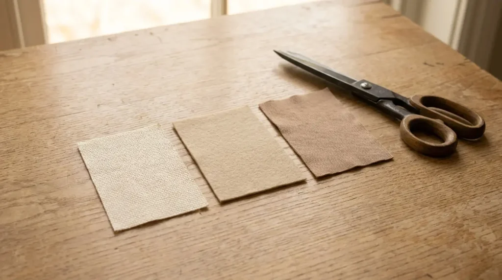 Trois échantillons d'entoilage aux textures différentes : tissé, non-tissé et maille, posés près de ciseaux