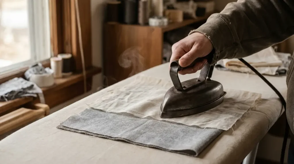 Main pressant un fer à sec bien à plat sur une pattemouille recouvrant un tissu entoilé