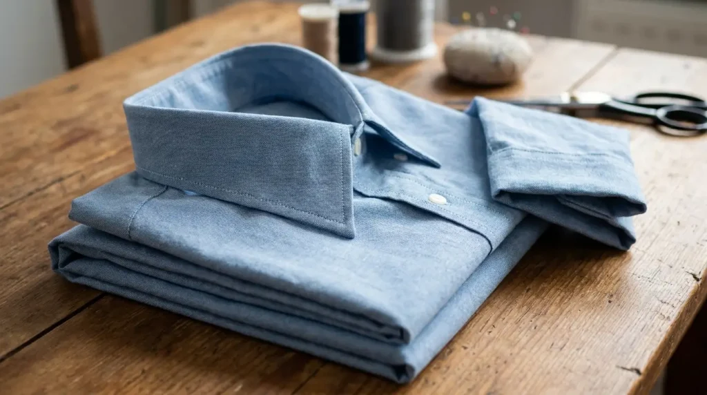 Col et poignet de chemise structurés montrant l'effet de tenue apporté par un entoilage