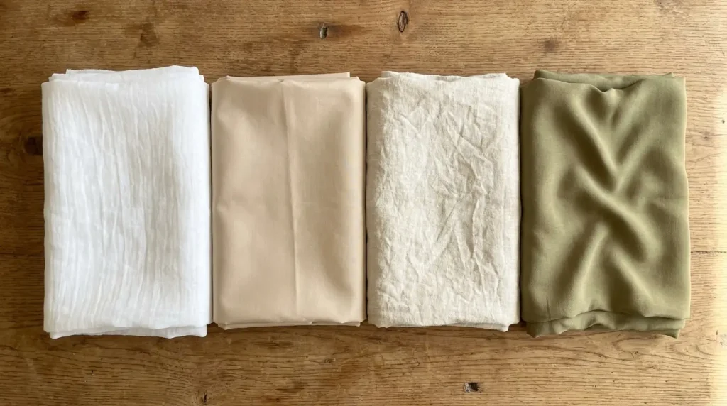 Quatre tissus d'été pliés côte à côte : voile, popeline, lin et viscose