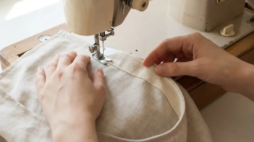 Couture d'une encolure courbe de robe d'été sous la machine à coudre